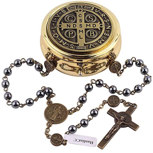 HanlinCC 6mm Hematite Black Stone Beads with Anti-Bronze Saint Benedict Center Piece Medal and Crucifix Catholic Rosary Necklace for Men and Women with Metal Gold Catholic Rosary Gift Box