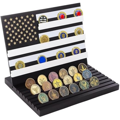 TIMCORR 11 Rows American Flag Challenge Coin Display Holder Stand Wooden Military Coin Holder for Desk Holds 70-80 Coins - Ideal for Veterans, Collectors, and Patriots Cover