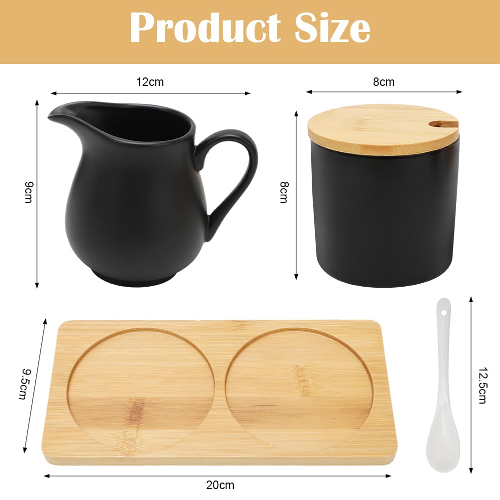 Set latte e zucchero con coperchio e cucchiaio, brocca per latte in ceramica con vassoio in legno, brocca per latte in ceramica nera e zuccheriera con vassoio in legno, adatto al microonde e