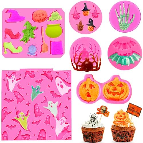 7 Pcs Halloween Fondant Molds, Mini Halloween Silicone Molds Pink Polymer Clay Molds for Chocolate Candy Baking Mold Skelton Hand Skull Pumpkin Spider Ghost Witch Mold for Halloween Party Cupcake