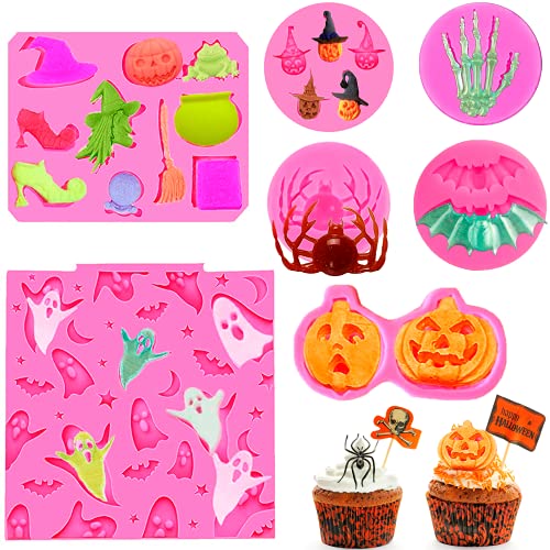 7 Pcs Halloween Fondant Molds, Mini Halloween Silicone Molds Pink Polymer Clay Molds For Chocolate Candy Baking Mold Skelton Hand Skull Pumpkin Spider Ghost Witch Mold For Halloween Party Cupcake #TOP6