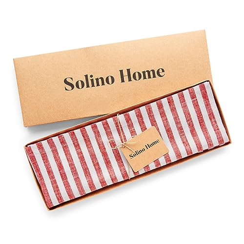 Image of Solino Home 100% Linen Placemats, 14 x 19 in, Red, Amalfi Stripe, Set of 4