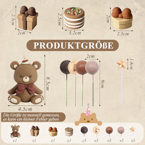 Scettar 29 Stück Teddybär Tortendeko,Tortendeko Kugeln Cake Topper für Taufe Junge Mädchen 1 Jahr, Kuchen Dekoration für Geburtstag Party Hochzeit Babyparty BabyShower (Dunkelbraun)
