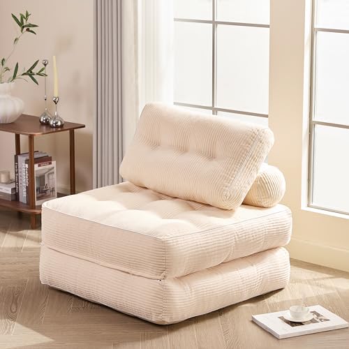 Litbird Canapé Lit 4-en-1 Pliable – Fauteuil Convertible, Canapé Type Pouf, Lit Pliant 1 Place, Idéal pour Petit Espace, Chambre ou Salon (Blanc cassé,...