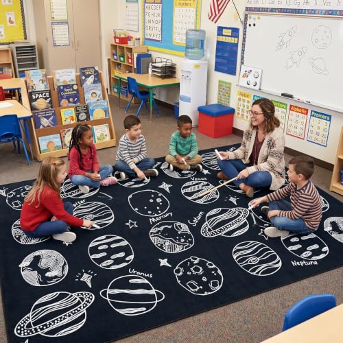 Image of Booooom Jackson Large Classroom Rug for 24 Students - Abstract Planet Black & White Space Theme Carpet, 7'6 inchx13'1 inch Fade-Resistant Nylon Seating Rug for Preschool, Kindergarten, Elementary