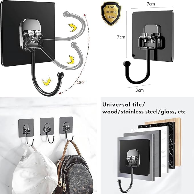 Image of 5 Pcs Black Large Adhesive Hooks for Wall Heavy Duty Waterproof Wall Hooks for Hanger Hooks, Stainless Steel Towel and Coats Wall Hook to Use Inside Kitchen, Bathroom, Home and Office