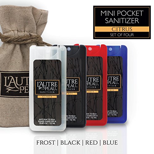 Antibacterial Travel Hand Sanitizer Spray with Aloe Vera by L’AUTRE PEAU - Thin Credit Card Shape - Citrus Scented Mini Pocket Sanitizer - 12ml 4 Piece Multi-Color Pack (Frost, Black, Red & Blue)