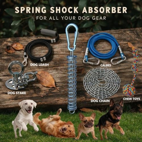 Image of Dog Tie Out Spring Shock Absorber, Heavy Duty 304 Stainless Steel with Carabiners for 3 Medium & Large Dogs, Spring Pole, Stake Cable Leash, Yard Camping Ties - Fits Multiple Dogs (3 Springs)