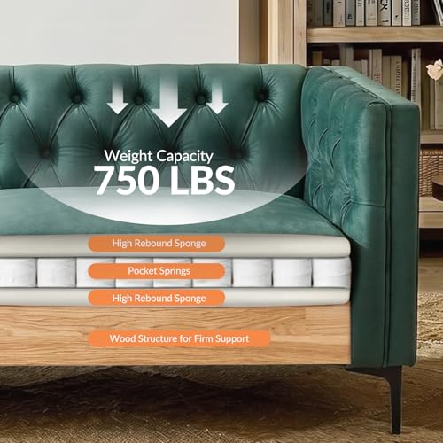 Image of HULALA HOME 84 inch W Faux Leather Sofa Couch with Metal Legs, Button-Tufted 3-Seater Sofa, Mid Century Modern Contemporary Upholstered Couch for Living Room, Entertainment Area, Apartment,Green