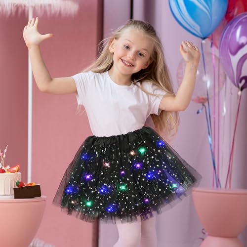 Tüllrock Mädchen Schwarz, Sterne Pailletten Tanzkleid, 30cm Dehnbaren Minirock Mit LED Lichter, kleine Mädchen Tütü Rock Ballettrock für Fasching Halloween Karneval, 3-8 Jahre Kinder Ballett Dress