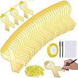 Wehhbtye 150 Pcs Gold Cancer Awareness Ribbon Cutouts, Childhood Cancer Cutouts with Wooden Clips and 24 Yard Ribbons, Gold Awareness Paper Ribbon for Childhood Charity Fundraising and Decorating