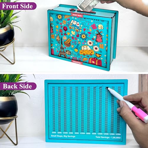 Image of Sketchfab Money Saving Box for Adult 100000, Wooden with Savings Tracker Bank Kids, Smart Piggy Bank, Box, Coin Box,Gullak Saver,Piggy Rs100000 Home Deal Gift Man, Women (Printed Blue)