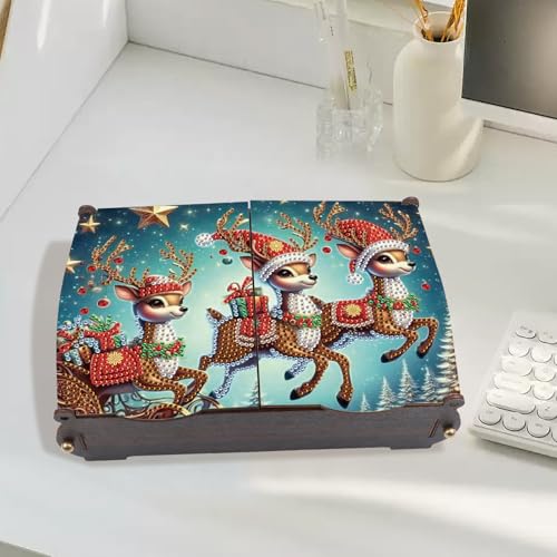 Image of MVVMTOP Diamond Painting Kit Wooden Storage Box, Reindeer DIY Special Shaped Diamond Flip Cover Wooden Money Box, Handmade Art Desktop Decorations Birthday Gifts for Friends