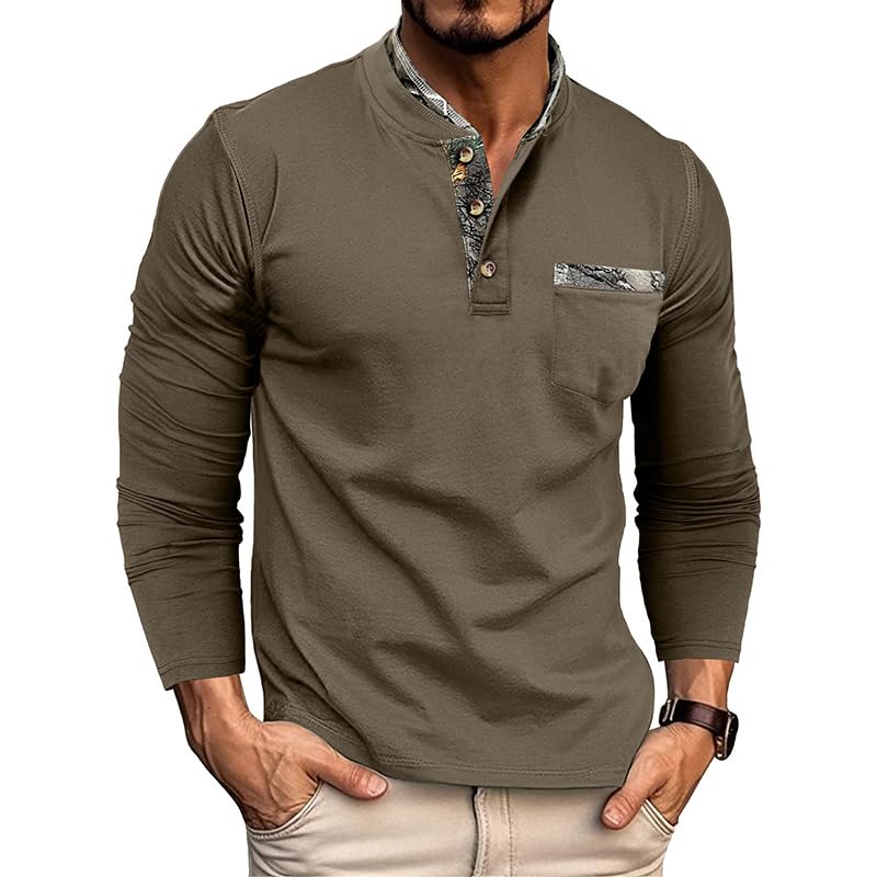 Men's Henley Shirts Casual Long Sleeve Button Double Collar T-Shirt Creative Camouflage Printed T-Shirts with Pocket