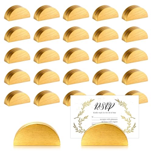 Image of 24Pcs Gold Wood Table Number Stands 1.57 In Wood Place Card Holders | Include Traceless Adhesive Stickers, Semicircular Design Place Card Holders for Wedding, Ceremony, Bi