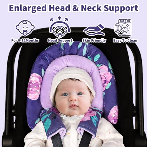 Image of Baby Car Seat Head Support with Extra Headrest, 2-in-1 Babybody Supports with Shoulder Pads Set for Newborn, Adjustable Infant Car Seat Insert Compatible with Stroller, Baby Swing (Purple Flower)