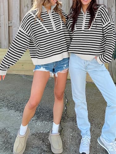 Image of ANRABESS Sweaters for Women Striped Half Zip Long Sleeve Ribbed Knit Pullover Comfy Casual Lightweight Tops 2026 Fall Fashion
