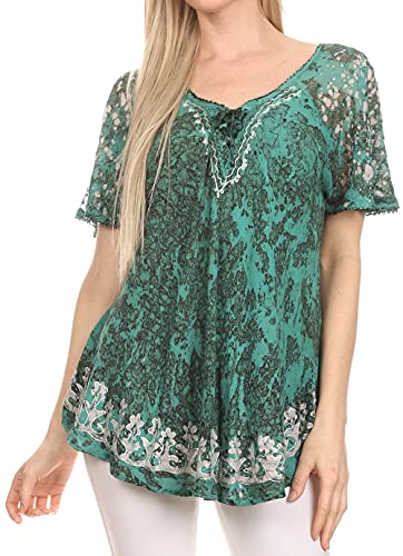 Image of Sakkas Ash Speckled Tiedye Embroidered Cap Sleeve Blouse Top with Embroidery Hems