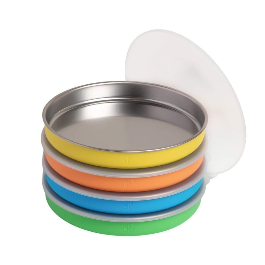 Elk and Friends 7.8” Stainless Steel Non Divided Plates with Silicone Sleeve + Storage Lid | Baby, Toddler, Kids | Dishwasher Safe | Dinner & Snack
