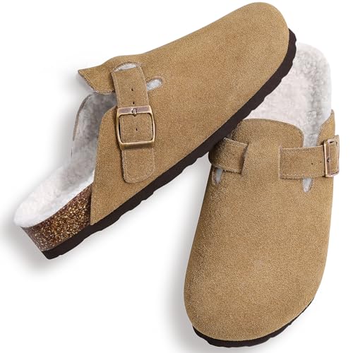Image of KIDMI Women's Fur Lined Genuine Suede Clogs Fuzzy Cork Footbed Potato Shoes | Adjustable Metal Buckle, Non-slip Rubber Soles, Cushioning, Cozy and Warm, Supportive, Indoor, Outdoor, Winter, Casual