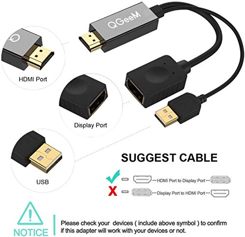HDMI to DisplayPort Converter Adapter Cable with USB Power,QGeeM 4K x 2K HDMI to DP Adaptor for HDMI Equipped Systems,Compatiblet with VESA Dual-Mode DisplayPort 1.2, HDMI 1.4