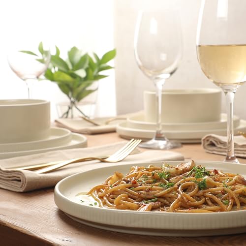 Image of Gibson Elite Avant-Garde 12 Piece Stoneware Dinnerware Set for 4, Linen White Plates and Bowls Set with Reactive Glaze, Includes Dinner Plates, Salad Plates and Bowls