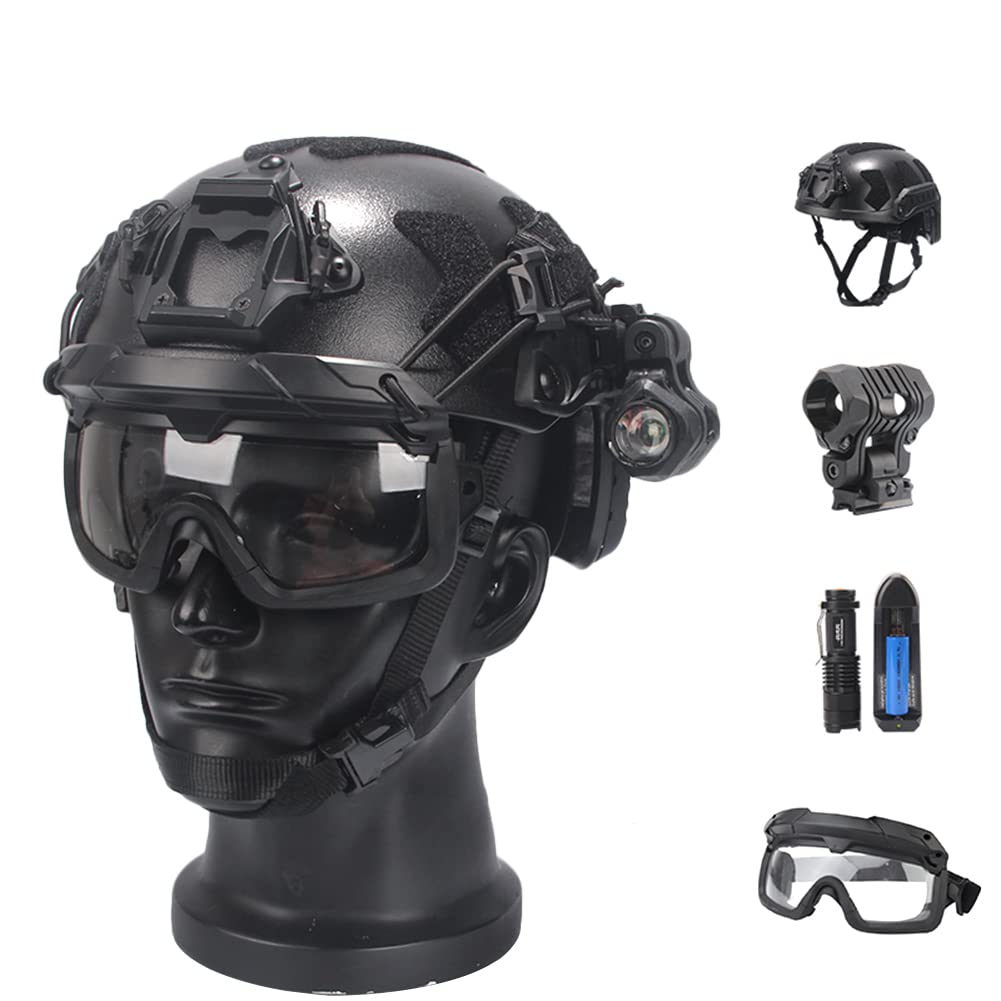 6mm Thick Fast SF Full Protection Tactical Helmet Set, Aluminum Alloy L4G24 NVG Mount, Microphone Headset, Goggle Mask, Flashlight, 2Pcs Signal Light