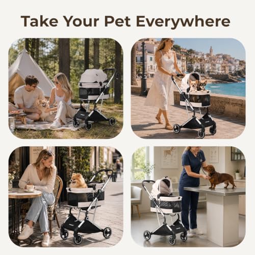 Image of T4 PRO Pet Stroller for Small Medium Dogs, Cat Strollers for 2 Cats, 4 Wheels Folding Pet Stroller for Cats with Pad, Canopy and Cup Holder, Beige