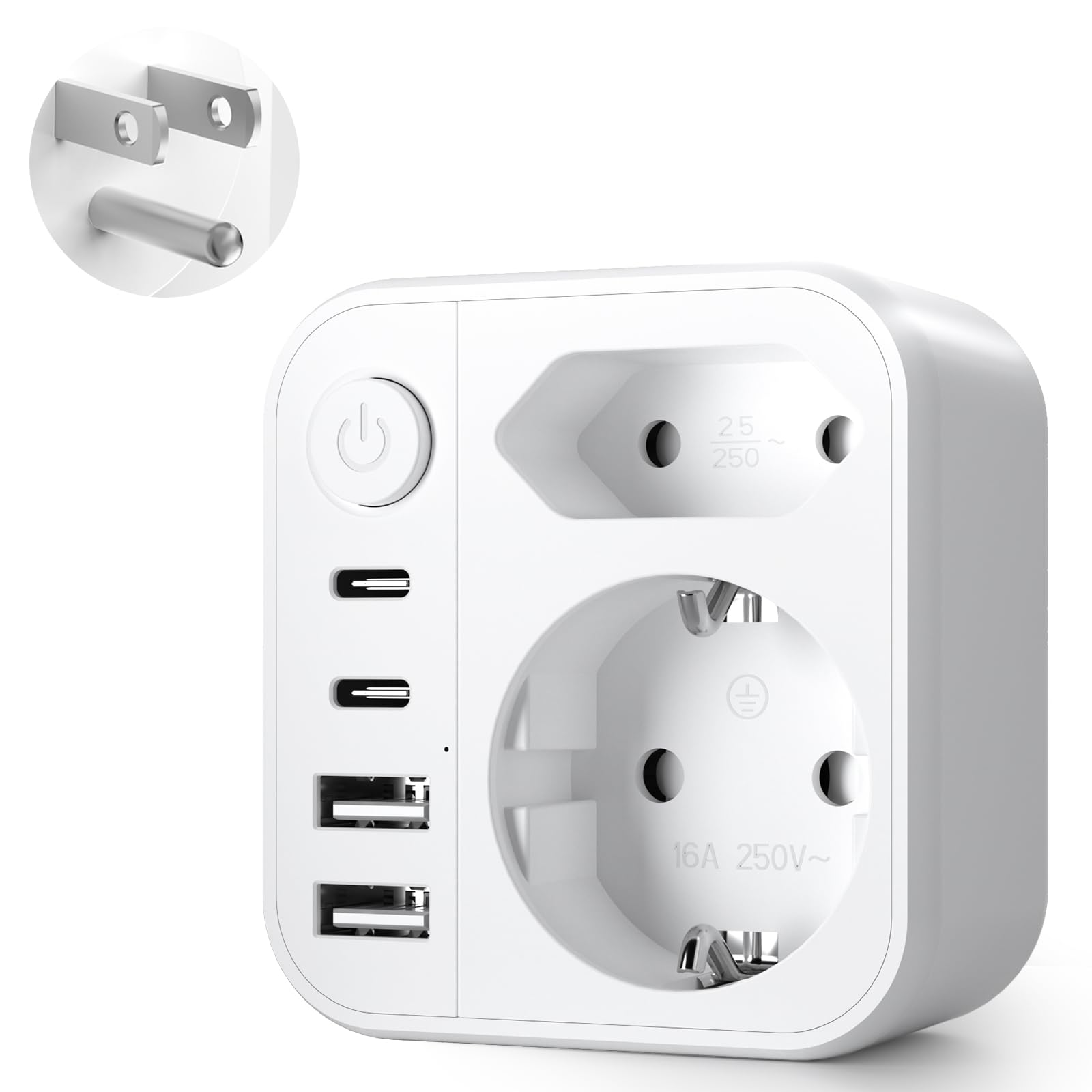 6 en 1 Adaptateur Prise USA, Adaptateur Prise USA vers France, Adaptateur Prise France vers USA Canada avec 2 USB A et 2 USB C, pour Canada Américaine Mexique Thailande Dominicaine