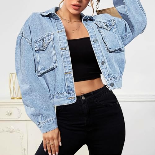 Women's Casual Cropped Denim Jacket Western Basic Lapel Button Up Long Sleeve Trucker Jean Jacket Biker Coat Tops4