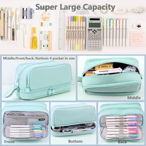 Image of Invite Large Capacity Pencil Box 3 Compartments, Zipper Portable Handle, Aesthetic Pencil Box Stationery Organizer for Office College School Teen Girl Boy (3 Compartments-Light Green)