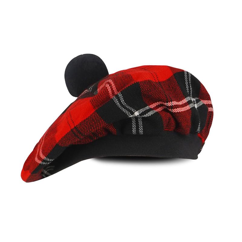 Image of Scottish Tam O' Shanter Hat Tartan Bonnet Pom Pom Wool Flat Cap One Size