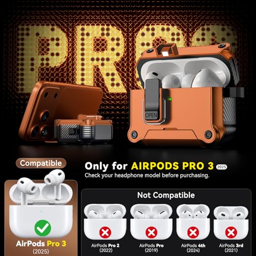 Image of Inesore for AirPods Pro 3 Case Cover (2025) Magnetic Automatic Lock with Fixed Clip, Phone Stand & Cleaning Kit & Keychain, Compatible with AirPods Pro 3nd Generation Magsafe Case -Orange
