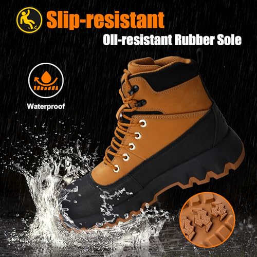 Image of Mens Work Boots Composite Toe Boots for Men Genuine Leather Rubber Sole No Slip Waterproof Shoes Industrial & Construction Safety Boots