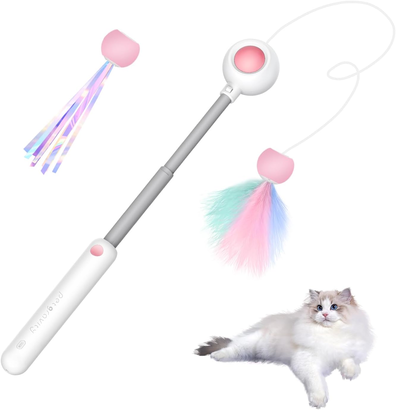 SmartTail Cat Wand Toy, Interactive Cat Toy Retractable Wand Toy and 2PCS Feather Tassels Toys Refills, Funny Kitten Toys Cat Fishing Pole Toy