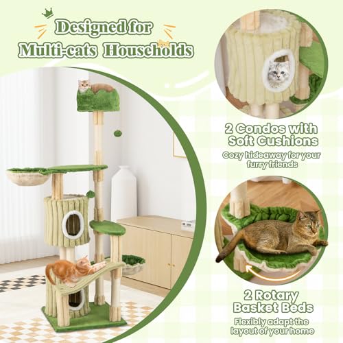 Árbol para gatos verde de 63 pulgadas con 2 cabañas y rascador miniatura 5