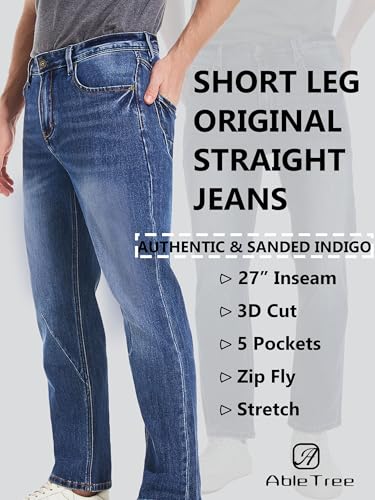 Jeans for Short Men 27" Original Straight Taper Fit Short Length Casual Stretch Denim Pants AT014