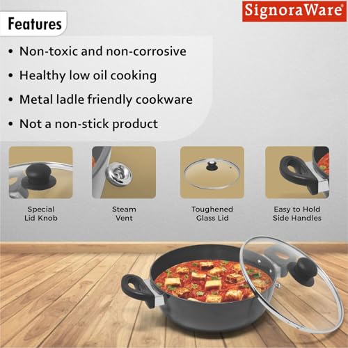 Image of Signoraware Opulent Non Stick Kadhai 22cm | Non-Stick Coating Allows Oil Saving | Heat-Resistant Grip | Gas & Induction Compatible | Perfect for Deep Frying, Sauteing & Stir-Frying (2 LTR | Steel)