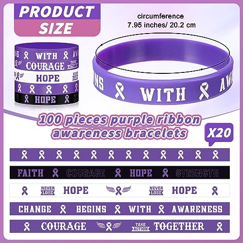 100 Pcs Domestic Violence Awareness Bracelets Bulk Pancreatic Cancer Epilepsy Purple Ribbon Bracelets Alzheimers Awareness Products Cancer Themed Rubber Wristbands for Charity Events2