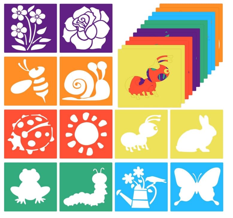 Juego de 24 plantillas de dibujo para niños, 15 x 14 cm, 4 en 1, plantillas de diseño para niños, 36 animales y motivos festivos para pintar sobre tela, madera, lienzo, plantillas reutilizables para