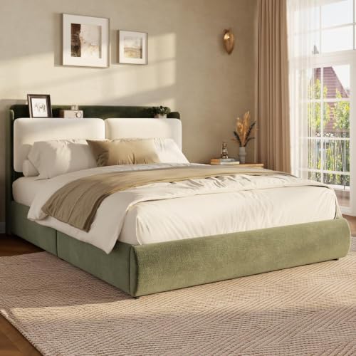 Image of Garvee Full Upholstered Bed Frame with Recessed Shelf- Green & Beige