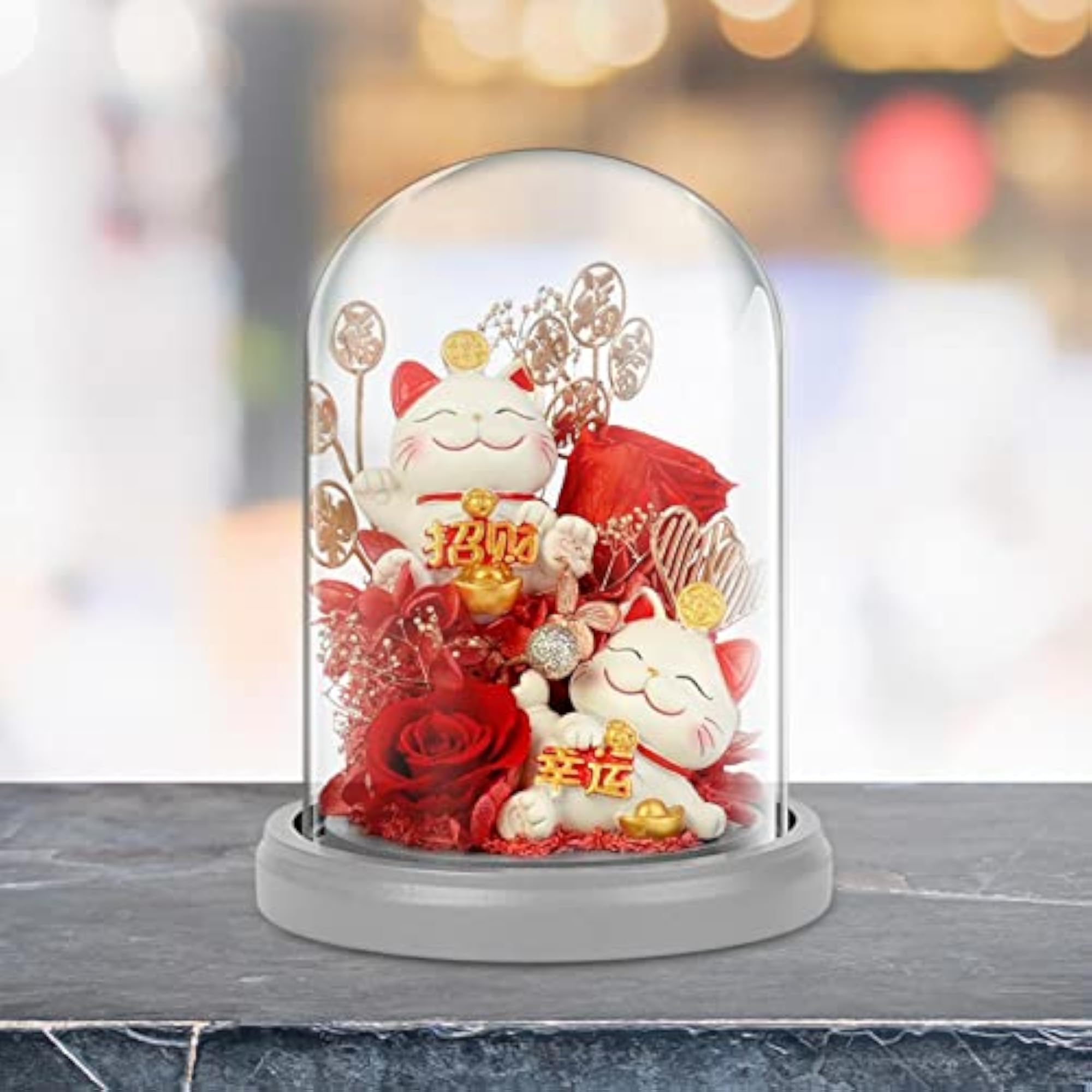 Preserved Flower Cat Figurine - Lasting Decoration