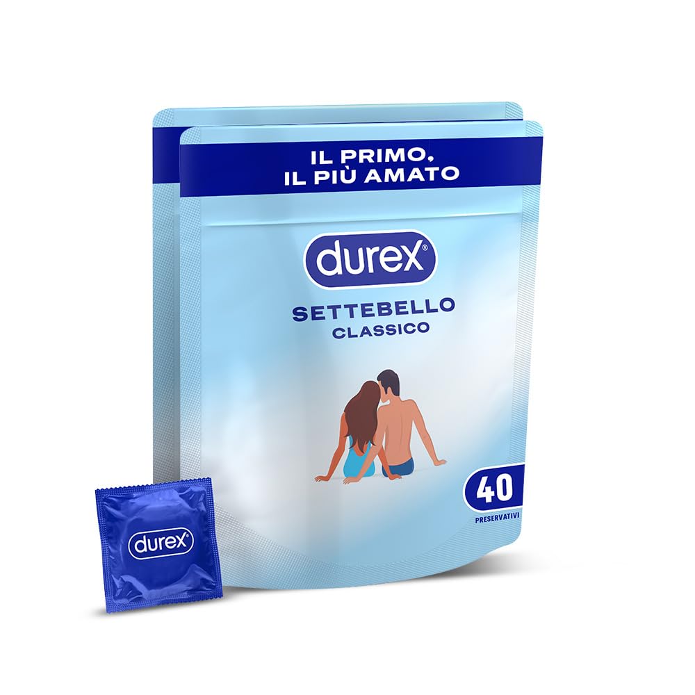 Durex Settebello Classico, Preservativi Durex Classici, Formato Convenienza, Confezione Riciclabile Salvaspazio, 80 Profilattici (2 Confezioni da 40)