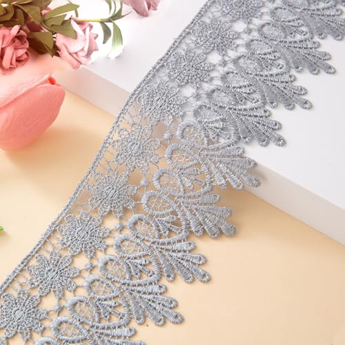 Kuasting 7.5 Yards Floral Lace Edge Trim 9CM Width Europe Chips Pattern Inelastic Embroidery Lace Trim for Sewing Making, DIY Crafts, Gift Wrapping, Wedding Decor (Grey)