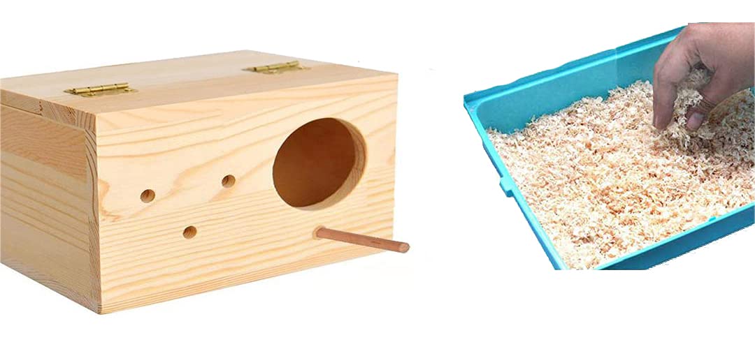 Sage Square Spewcial Combo of Natural Wood Mountable Bird Nest Breeding Box with Perch (Design for Small Birds) with Nesting Material (80grm)