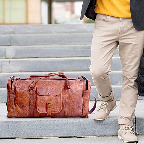 Komal's Passion Leather Leather Duffel Bag Large 24 Inch Square Duffel Travel Gym Sports Overnight Weekender Leather Bag for Men and Women