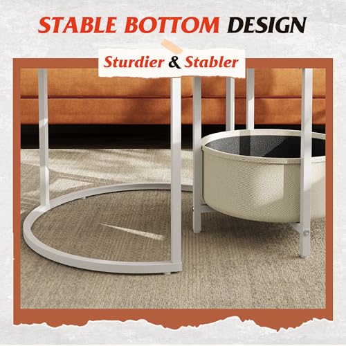 Image of WLIVE Round Coffee Table Set of 2, 60X60X51cm Nesting Tables with Ample Storage, Wooden Wide Side Table with Sturdy Metal Frame for Living Room or Office, White