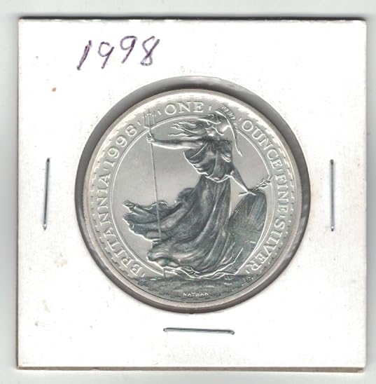 1998 No Mint Mark Great Britain Britannia 2 Pounds, 1 Ounce Silver Coin Low Mintage 89,000 First Year Of Issue 2 Pounds Mint Uncirculated