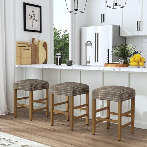 Image of HomePop Open-Back Counter Stool, 24-Inch, Brown Window Pane Print