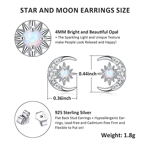 Moon and Star Earrings 925 Sterling Silver Opal Stud Earrings for Women Hypoallergenic Sun and Moon Earrings Crescent Moon Star Jewelry Gift for Women for Sensitive Ears2